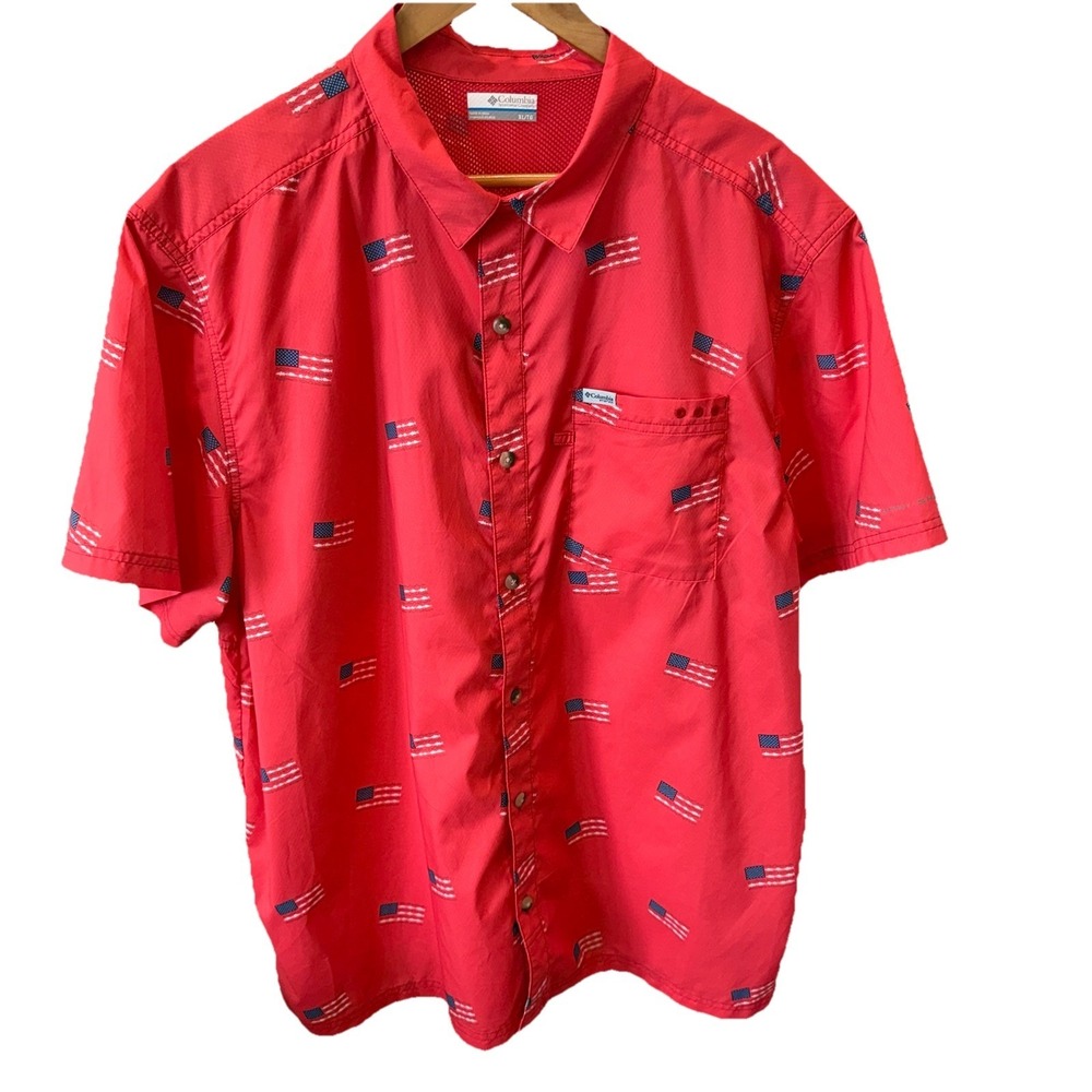 Columbia PFG Shirt Mens XL Omni Shade Pefomance Fishing USA Flag RedPatriotic